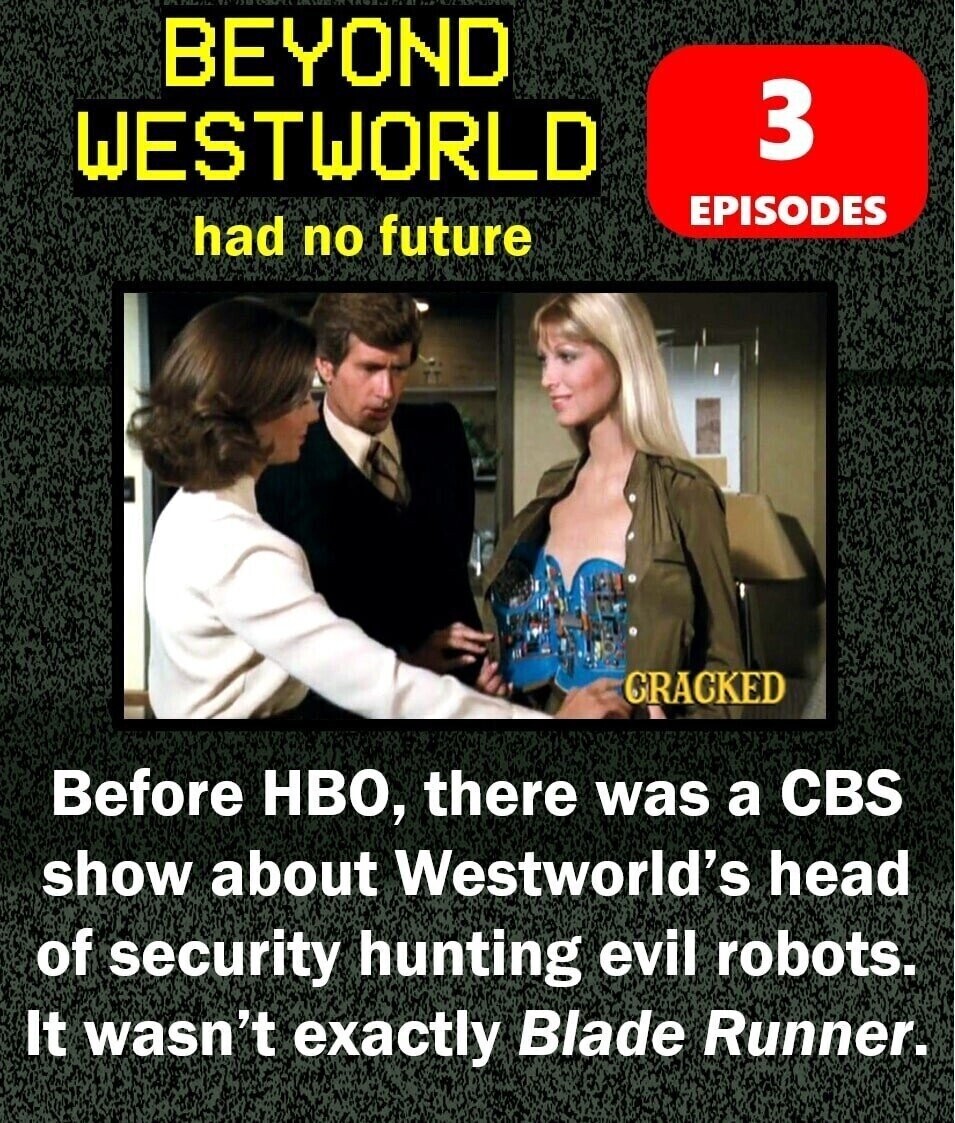 BEYOND 3 WESTWORLD EPISODES had no future GRACKED Before НВО, there was a CBS show about Westworld's head of security hunting evil robots. It wasn't exactly Blade Runner.