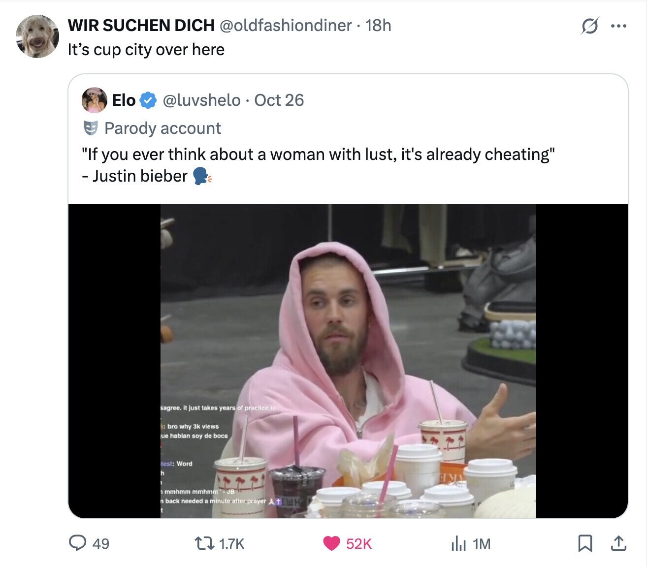 WIR SUCHEN DICH @oldfashiondiner - 18h s ... It's cup city over here Elo @luvshelo Oct 26 Parody account If you ever think about a woman with lust, it's already cheating - Justin bieber sagree. it just takes years of practice to 1 bro why 3k views ue hablan soy de boca test: Word ДУБ mmhmm mmhmm JB back needed a minute after prayer АТЕШН 49 1.7K 52K del 1M