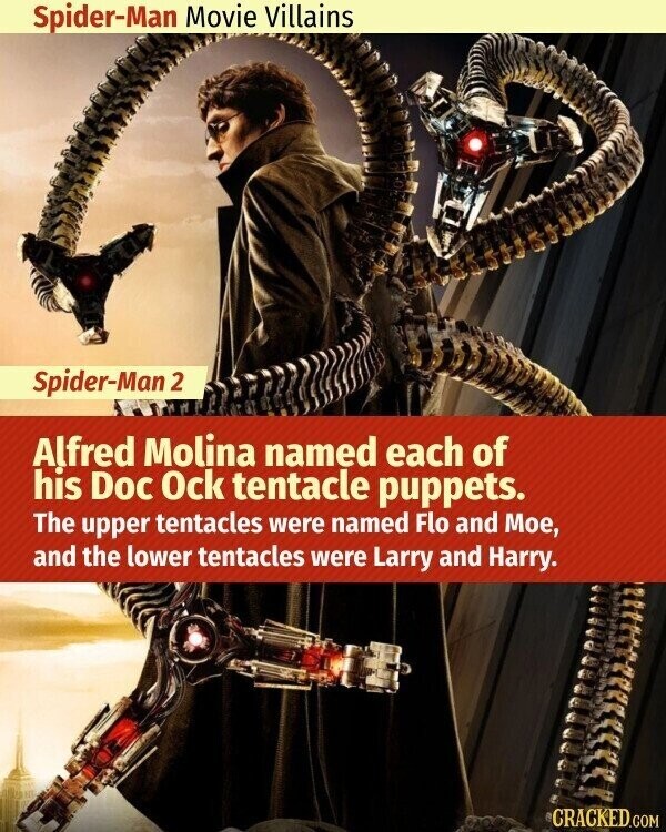 Spider-Man Movie Villains Spider-Man 2 Alfred Molina named each of his Doc Ock tentacle puppets. The upper tentacles were named Flo and Мое, and the lower tentacles were Larry and Harry. CRACKED.COM