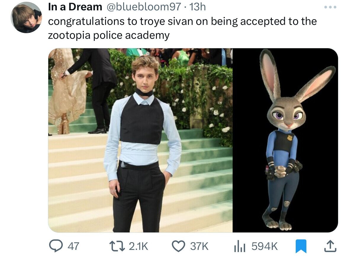In a Dream @bluebloom97. 13h congratulations to troye sivan on being accepted to the zootopia police academy 47 2.1K 37K 594K