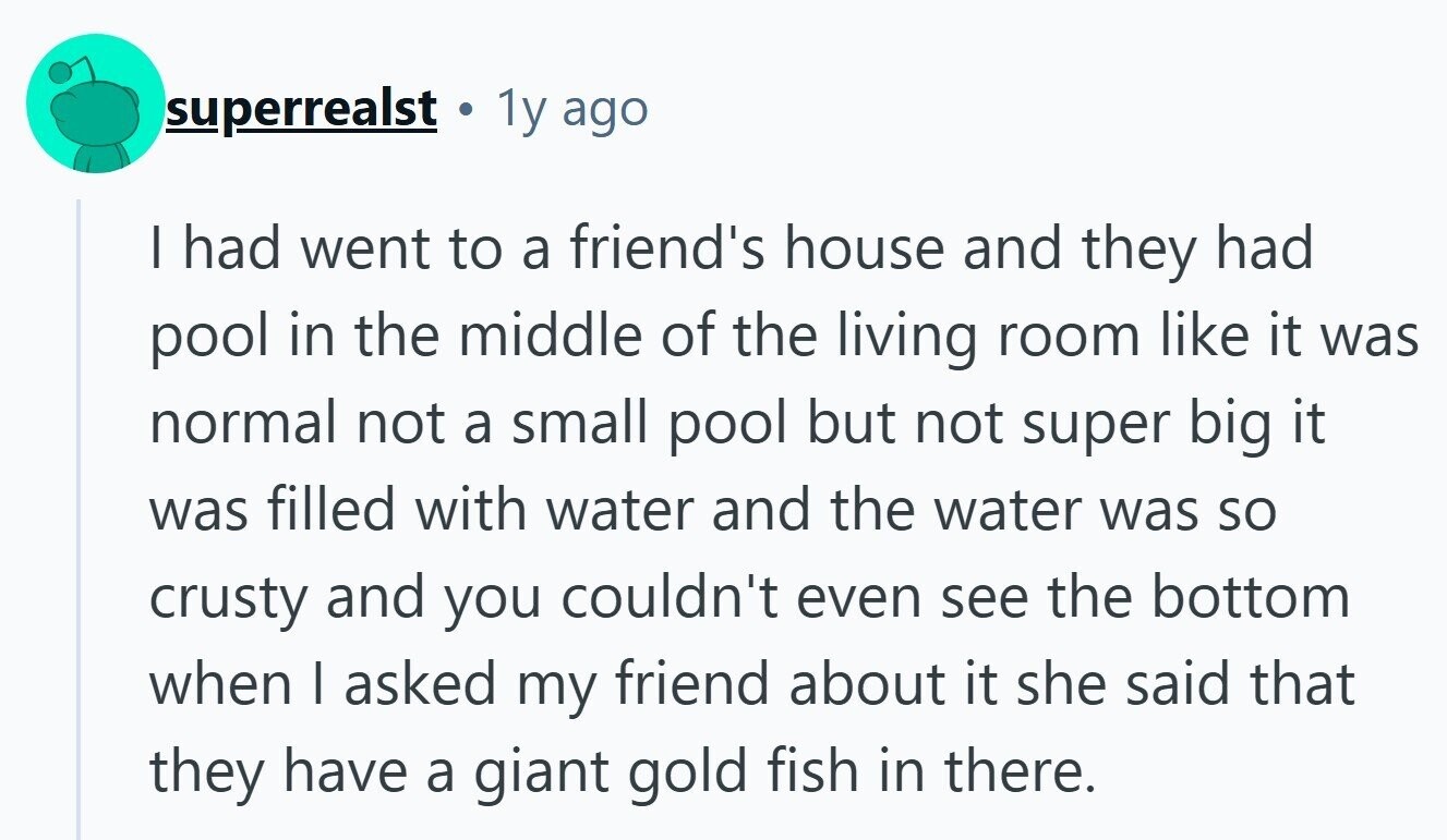 superrealst 1y ago I had went to a friend's house and they had pool in the middle of the living room like it was normal not a small pool but not super big it was filled with water and the water was so crusty and you couldn't even see the bottom when | asked my friend about it she said that they have a giant gold fish in there. 