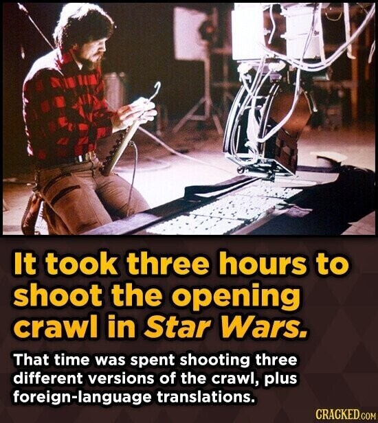 It took three hours to shoot the opening crawl in Star Wars. That time was spent shooting three different versions of the crawl, plus foreign-language translations. CRACKED.COM
