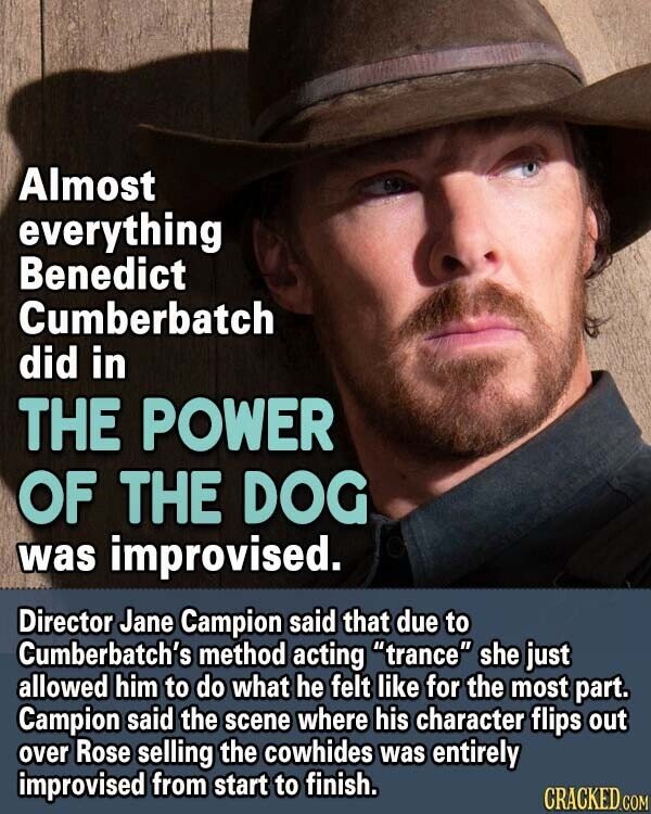 Almost everything Benedict Cumberbatch did in THE POWER OF THE DOG was improvised. Director Jane Campion said that due to Cumberbatch's method acting trance she just allowed him to do what he felt like for the most part. Campion said the scene where his character flips out over Rose selling the cowhides was entirely improvised from start to finish. CRACKED.COM