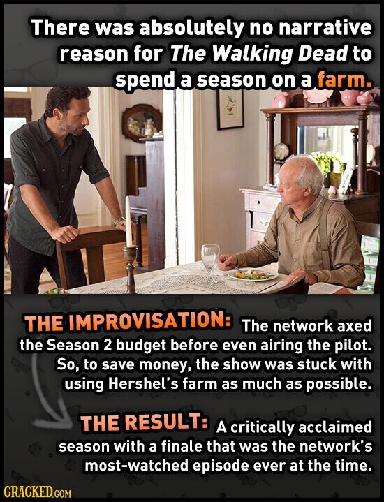 There was absolutely no narrative reason for The Walking Dead to spend a season on a farm. THE IMPROVISATION: The network axed the Season 2 budget before even airing the pilot. So, to save money, the show was stuck with using Hershel's farm as much as possible. THE RESULT: A critically acclaimed season with a finale that was the network's most-watched episode ever at the time. CRACKED.COM