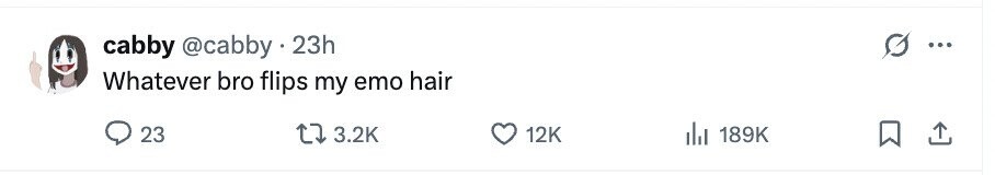 cabby @cabby 23h Whatever bro flips my emo hair 23 3.2K 12K del 189K 