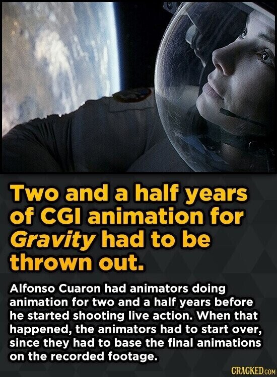 Two and a half years of CGI animation for Gravity had to be thrown out. Alfonso Cuaron had animators doing animation for two and a half years before he started shooting live action. When that happened, the animators had to start over, since they had to base the final animations on the recorded footage. CRACKED.COM