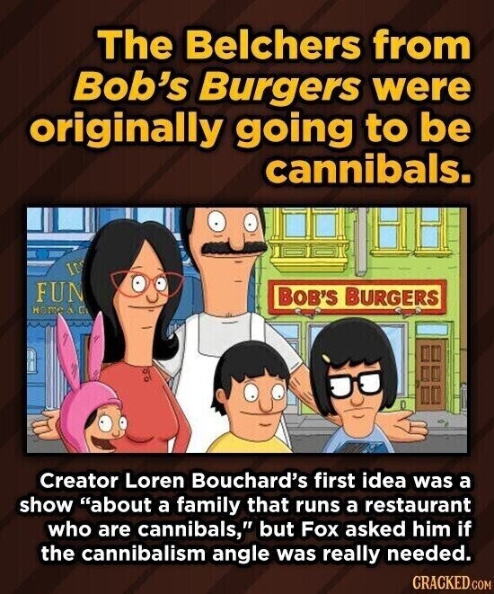 The Belchers from Bob's Burgers were originally going to be cannibals. It FUN BOB'S BURGERS Hame A C Creator Loren Bouchard's first idea was a show about a family that runs a restaurant who are cannibals, but Fox asked him if the cannibalism angle was really needed. CRACKED.COM