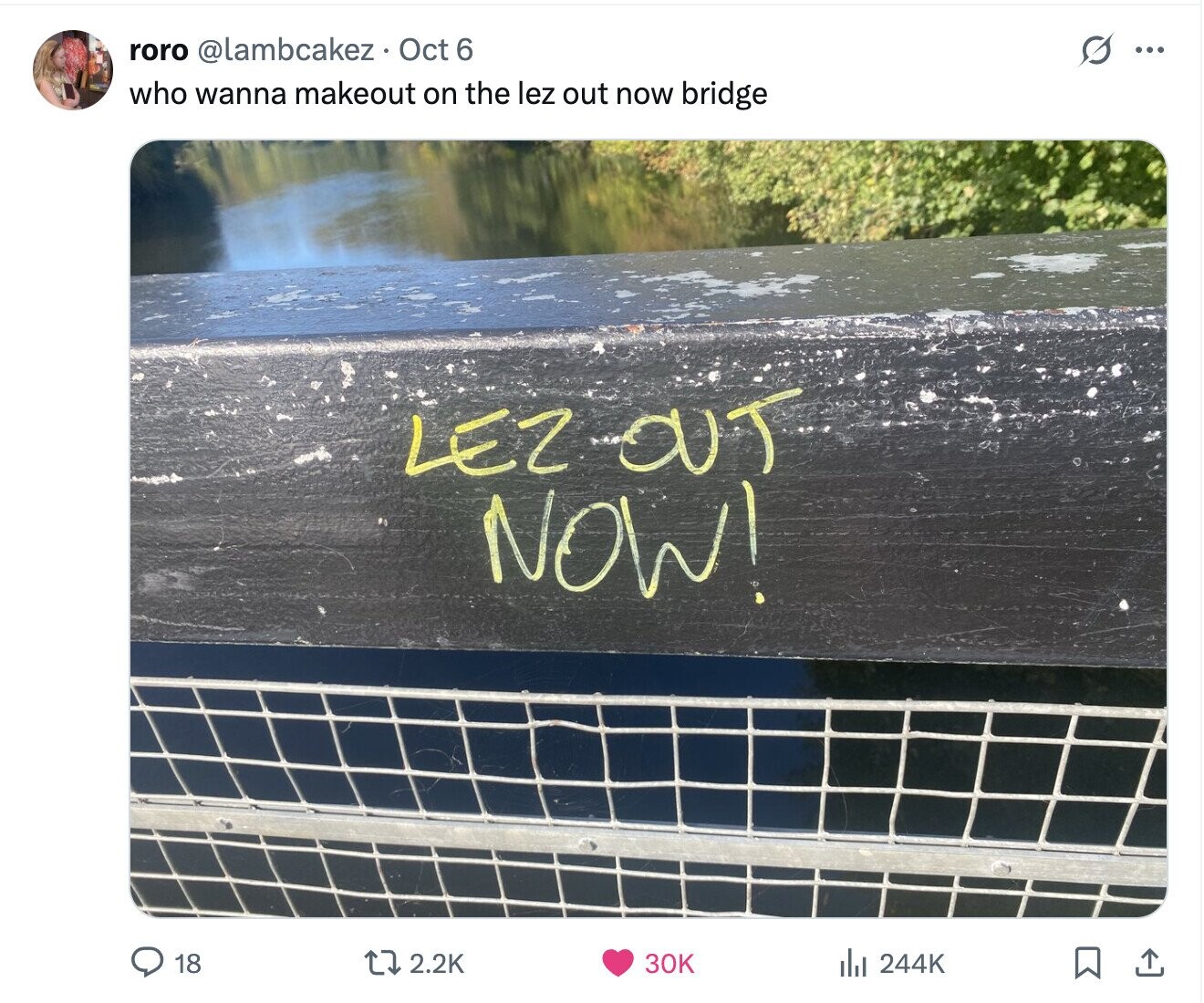 roro @lambcakez Oct 6 ... who wanna makeout on the lez out now bridge LEZ OUT NOW! 18 2.2K 30K del 244K 