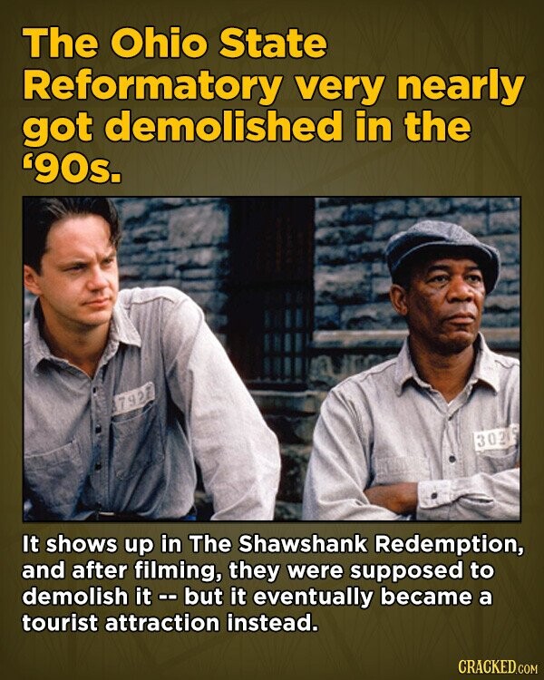 The Ohio State Reformatory very nearly got demolished in the '90s. 792 5 302 It shows up in The Shawshank Redemption, and after filming, they were supposed to demolish it -- but it eventually became a tourist attraction instead. CRACKED.COM