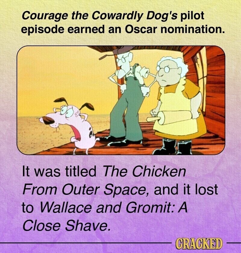 Courage the Cowardly Dog's pilot episode earned an Oscar nomination. It was titled The Chicken From Outer Space, and it lost to Wallace and Gromit: A Close Shave. CRACKED