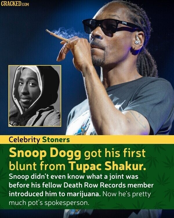CRACKED.COM BAS NG Celebrity Stoners Snoop Dogg got his first blunt from Tupac Shakur. Snoop didn't even know what a joint was before his fellow Death Row Records member introduced him to marijuana. Now he's pretty much pot's spokesperson.