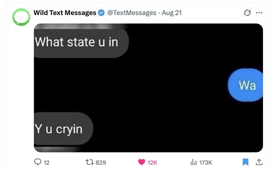 Wild Text Messages @TextMessages Aug 21 G ... What state u in Wa Y u cryin 12 829 12K del 173K 