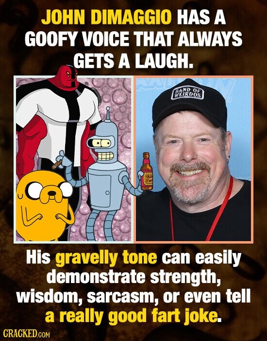JOHN DIMAGGIO HAS A GOOFY VOICE THAT ALWAYS GETS A LAUGH. BAND OF WEIRDOS His gravelly tone can easily demonstrate strength, wisdom, sarcasm, or even tell a really good fart joke. CRACKED.COM