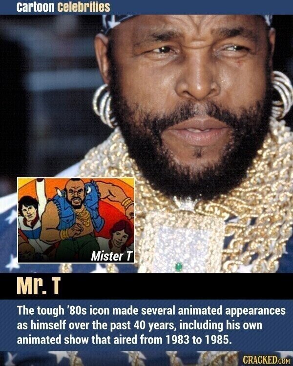 cartoon celebrities Mister T Mr. T The tough '80s icon made several animated appearances as himself over the past 40 years, including his own animated show that aired from 1983 to 1985. CRACKED.COM