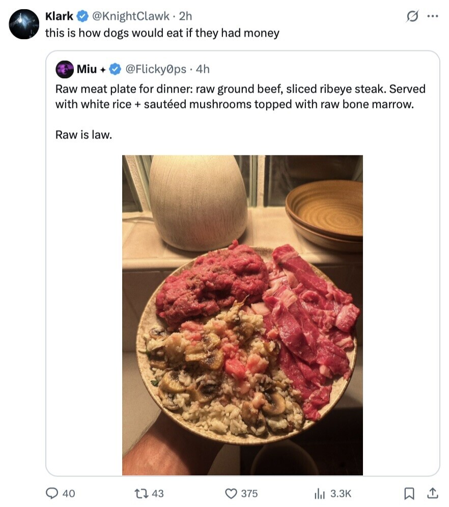 Klark s ... @KnightClawk 2h this is how dogs would eat if they had money Miu @Flicky0ps.4h Raw meat plate for dinner: raw ground beef, sliced ribeye steak. Served with white rice + sautéed mushrooms topped with raw bone marrow. Raw is law. 40 43 375 del 3.3K 