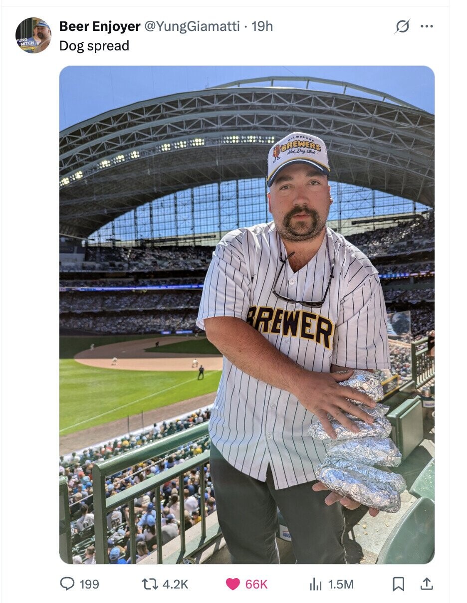 Beer Enjoyer @YungGiamatti 1 19h G ... YUNG MITCH Dog spread MILWAUSES Club de REWER NEVO 199 4.2K 66K 1.5M