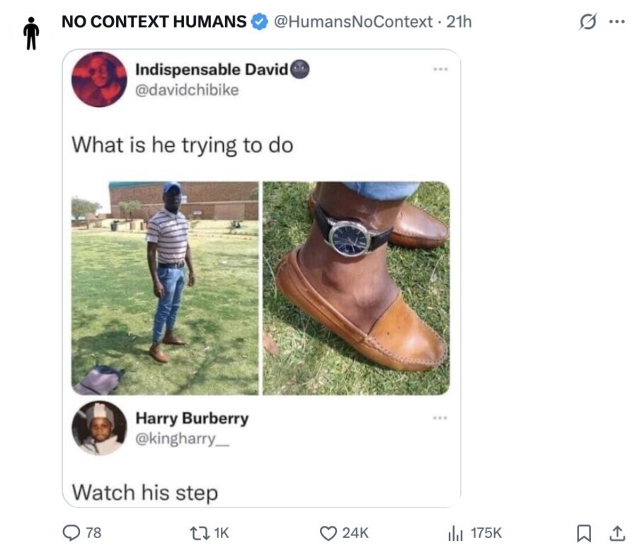 NO CONTEXT HUMANS @HumansNoContext-21h S ... Indispensable David @davidchibike What is he trying to do Harry Burberry @kingharry_ Watch his step 78 1K 24K 175K 