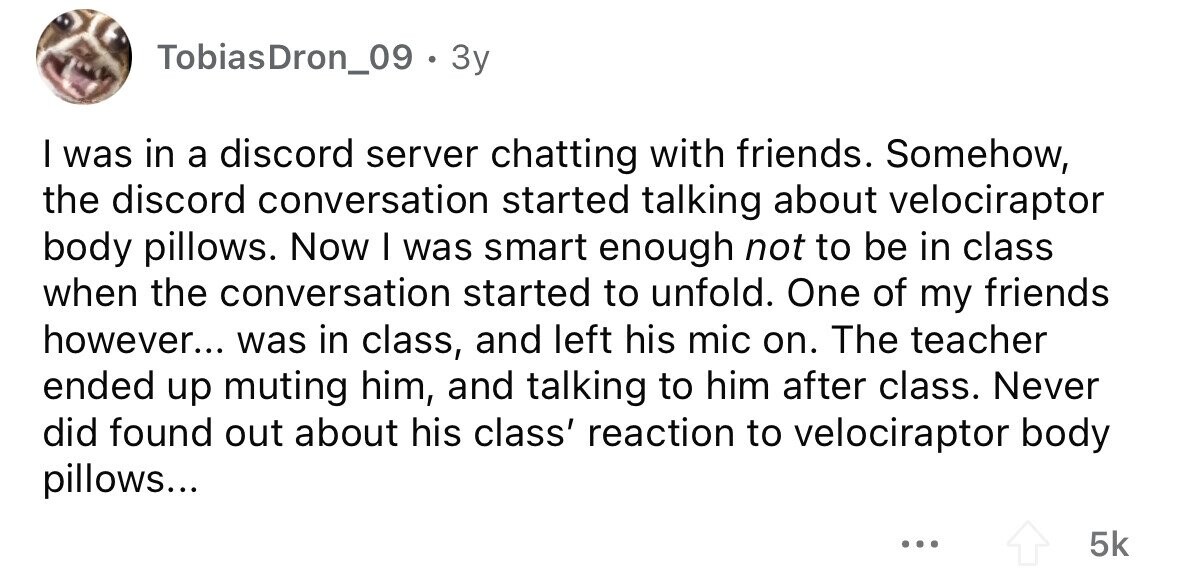 TobiasDron_09 . 3y I was in a discord server chatting with friends. Somehow, the discord conversation started talking about velociraptor body pillows. Now I was smart enough not to be in class when the conversation started to unfold. One of my friends however... was in class, and left his mic on. The teacher ended up muting him, and talking to him after class. Never did found out about his class' reaction to velociraptor body pillows... ... 5k