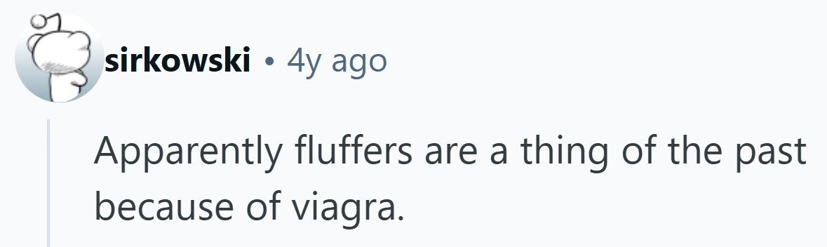 sirkowski . 4y ago Apparently fluffers are a thing of the past because of viagra. 