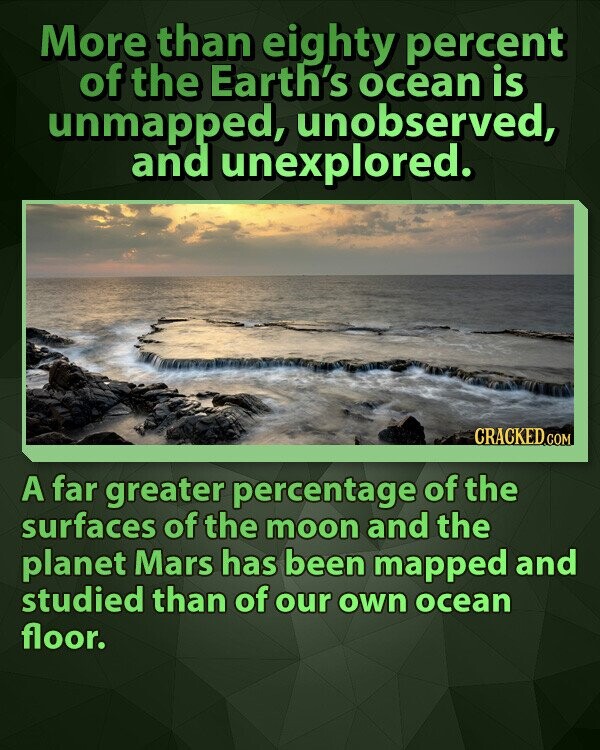 More than eighty percent of the Earth's ocean is unmapped, unobserved, and unexplored. CRACKED.COM A far greater percentage of the surfaces of the moon and the planet Mars has been mapped and studied than of our own ocean floor.