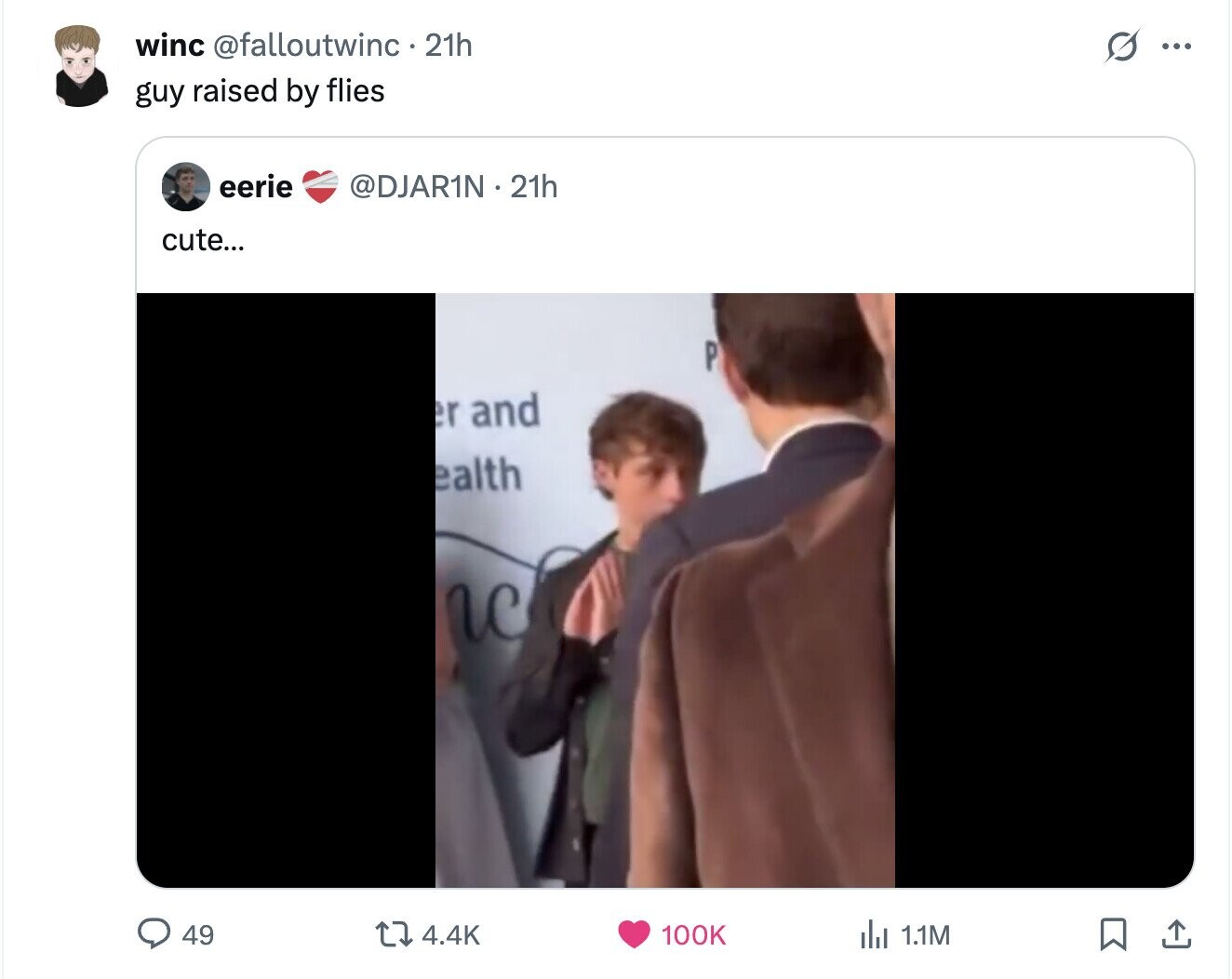 winc @falloutwinc.2 21h s ... guy raised by flies eerie @DJAR1N 21h cute... P er and ealth с 49 4.4K 100K del 1.1M