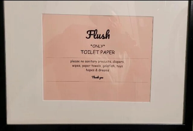 Flush *ONLY* TOILET PAPER please no sanitary products, diapers, wipes, paper towels, goldfish, toys hopes & dreams Thank you