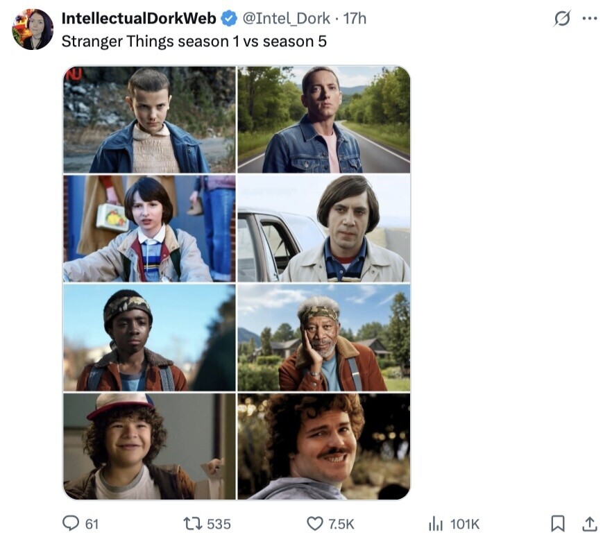IntellectualDorkWeb @Intel_Dork 17h s... Stranger Things season 1 vs season 5 NU 61 535 7.5K del 101K 