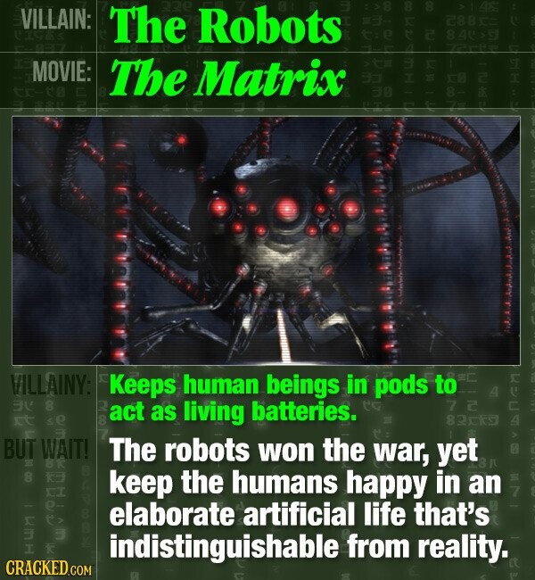 220 H 8 8 The Robots 1 VILLAIN: S e t 2 H MOVIE: The Matrix a X T E tr-to - : 8 WIA VILLAINY: Keeps human beings in pods to EC 4 EV 8 MOON act as living batteries. 7 2 ct se 82ckg 3 BUT - WAIT! The robots won the war, yet L81 E 81 8 K3 f en keep the humans happy in an XI er = 8 > elaborate artificial life that's wm I 3 F indistinguishable from reality. CRACKED.COM R