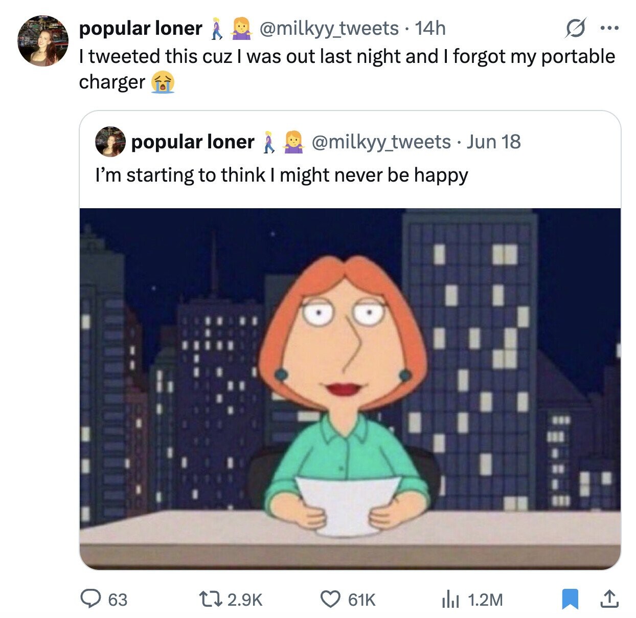 G ... popular loner @milkyy_tweets-14h I tweeted this cuz I was out last night and I forgot my portable charger popular loner @milkyy_tweets . Jun 18 I'm starting to think I might never be happy 63 61K 2.9K 1.2M