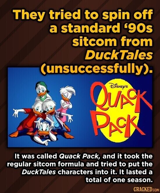 They tried to spin off a standard '90s sitcom from DuckTales (unsuccessfully). QUACK Disney's PACK It was called Quack Pack, and it took the regular sitcom formula and tried to put the DuckTales characters into it. It lasted a total of one season. CRACKED.COM