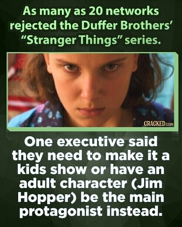 As many as 20 networks rejected the Duffer Brothers' Stranger Things series. CRACKED.COM One executive said they need to make it a kids show or have an adult character (Jim Hopper) be the main protagonist instead.