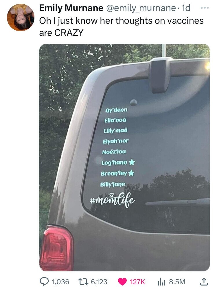 Emily Murnane @emily_murnane. 1d ... Oh I just know her thoughts on vaccines are CRAZY Ay'denn Ella'noä Lilly'maë Elyah'nor Noéz'lou Log'hann Brenn'ley Billy'jane #momlife 1,036 6,123 127K 8.5M