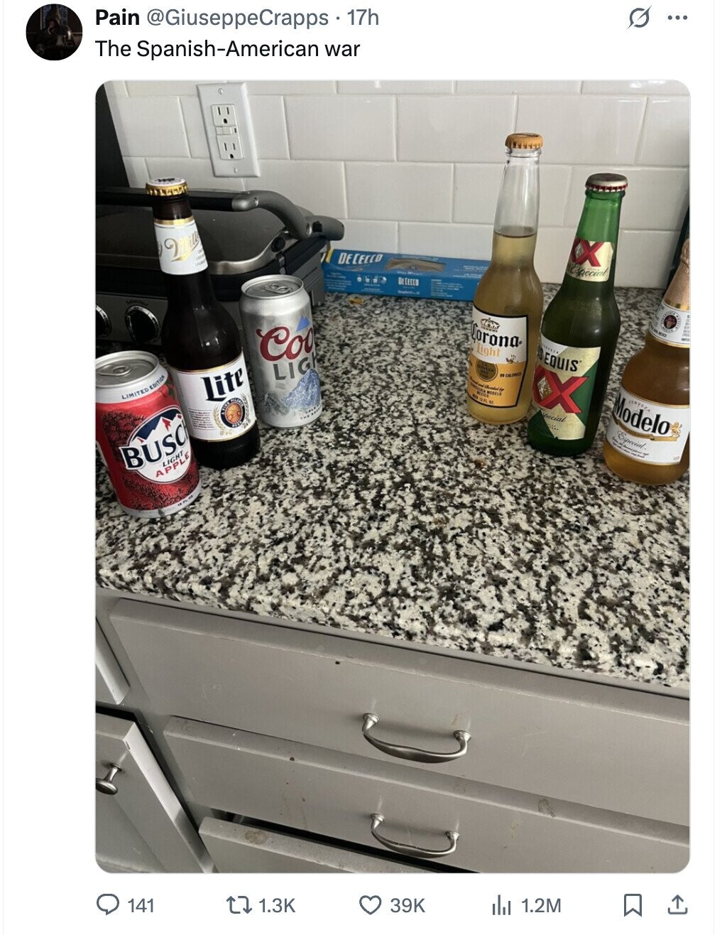 Pain @GiuseppeCrapps 17h G ... The Spanish-American war M . LOT DE CECCO used Especial X - DECECCO Selector Corona® NBC Coo Light CARRES الم EQUIS LIGH LA CALORIES MALE LIMITED EDITION Lite DEA special Modelo an Especial the BUSC LIGHT E A PPL 39K 141 1.3K 1.2M
