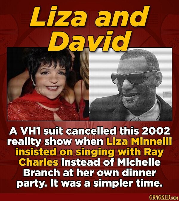 Liza and David 5.75 3.00 A VH1 suit cancelled this 2002 reality show when Liza Minnelli insisted on singing with Ray 350 Charles instead of Michelle Branch at her own dinner party. It was a simpler time. CRACKED.COM