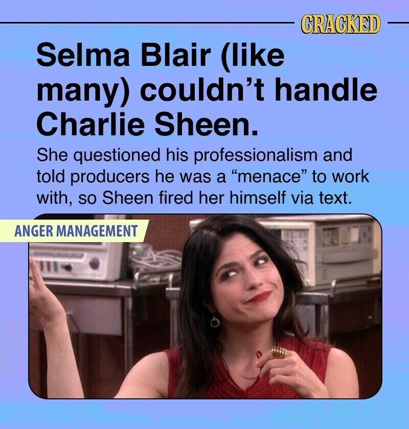 CRACKED Selma Blair (like many) couldn't handle Charlie Sheen. She questioned his professionalism and told producers he was a menace to work with, so Sheen fired her himself via text. ANGER MANAGEMENT