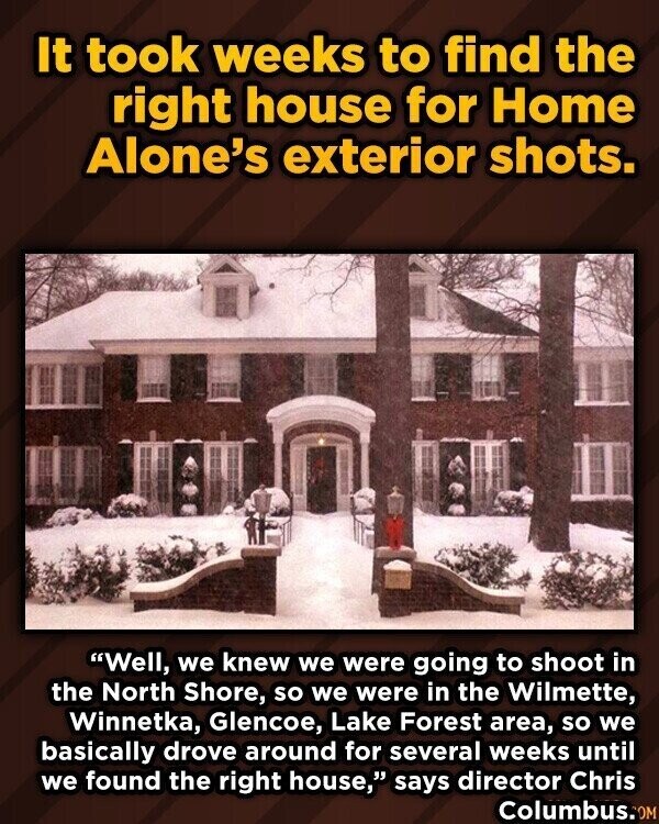 It took weeks to find the right house for Home Alone's exterior shots. Well, we knew we were going to shoot in the North Shore, so we were in the Wilmette, Winnetka, Glencoe, Lake Forest area, so we basically drove around for several weeks until we found the right house, says director Chris Columbus.com