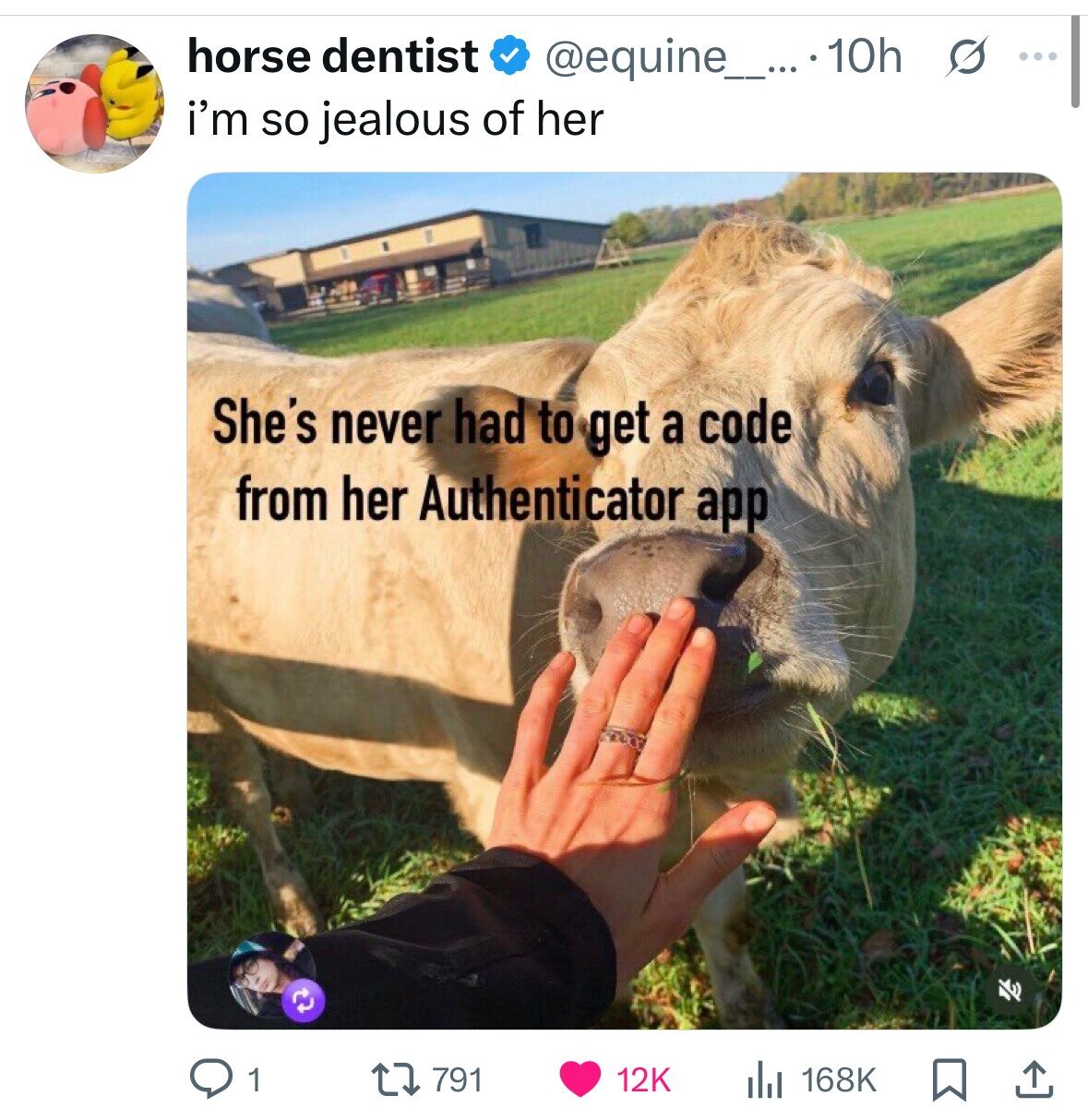 horse dentist @equine_....10h s ... i'm so jealous of her She's never had to get a code from her Authenticator app 1 791 168K 12K 