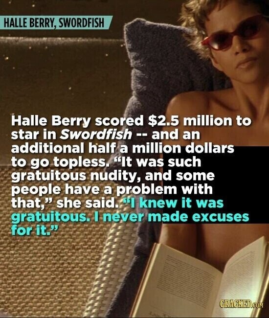 HALLE BERRY, SWORDFISH Halle Berry scored $2.5 million to star in Swordfish - and an additional half a million dollars to go topless. It was such gratuitous nudity, and some people have a problem with that, she said. I knew it was gratuitous. I never made excuses for it. GRAGKED.COM