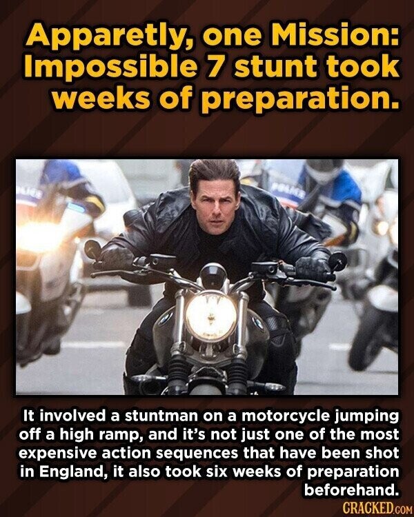 Apparetly, one Mission: Impossible 7 stunt took weeks of preparation. POLICE USI It involved a stuntman on a motorcycle jumping off a high ramp, and it's not just one of the most expensive action sequences that have been shot in England, it also took six weeks of preparation beforehand. CRACKED.COM