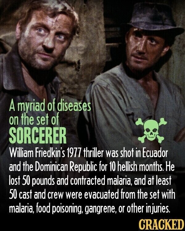 A myriad of diseases on the set of SORCERER William Friedkin's 1977 thriller was shot in Ecuador and the Dominican Republic for 10 hellish months. Не lost 50 pounds and contracted malaria, and at least 50 cast and crew were evacuated from the set with malaria, food poisoning, gangrene, or other injuries. CRACKED