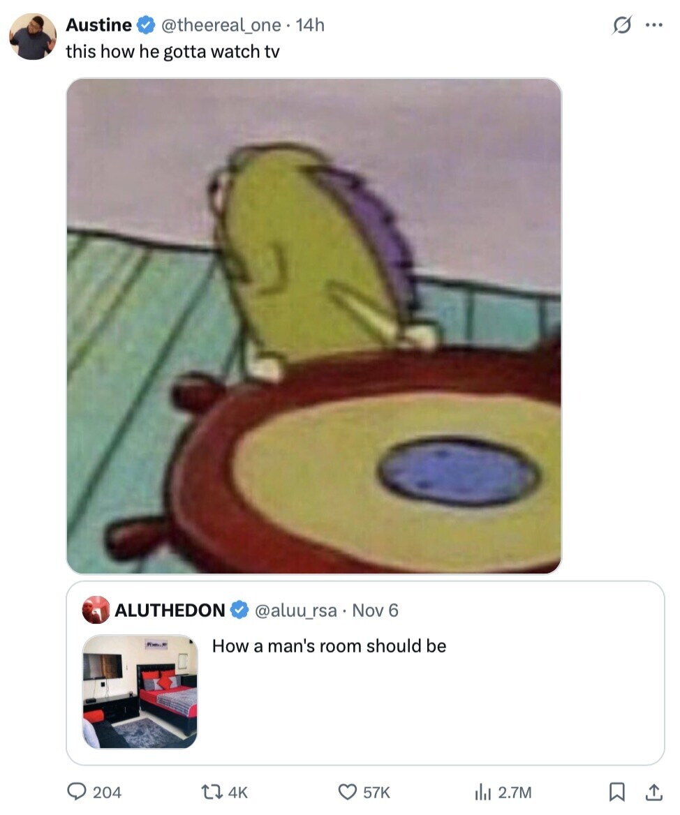 Austine @theereal_one. 14h s ... this how he gotta watch tv ALUTHEDON @aluu_rsa Nov 6 How a man's room should be 204 4K 57K 2.7M ارار 
