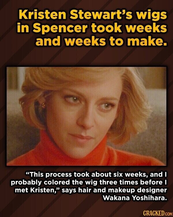 Kristen Stewart's wigs in Spencer took weeks and weeks to make. This process took about six weeks, and I probably colored the wig three times before I met Kristen, says hair and makeup designer Wakana Yoshihara. CRACKED.COM