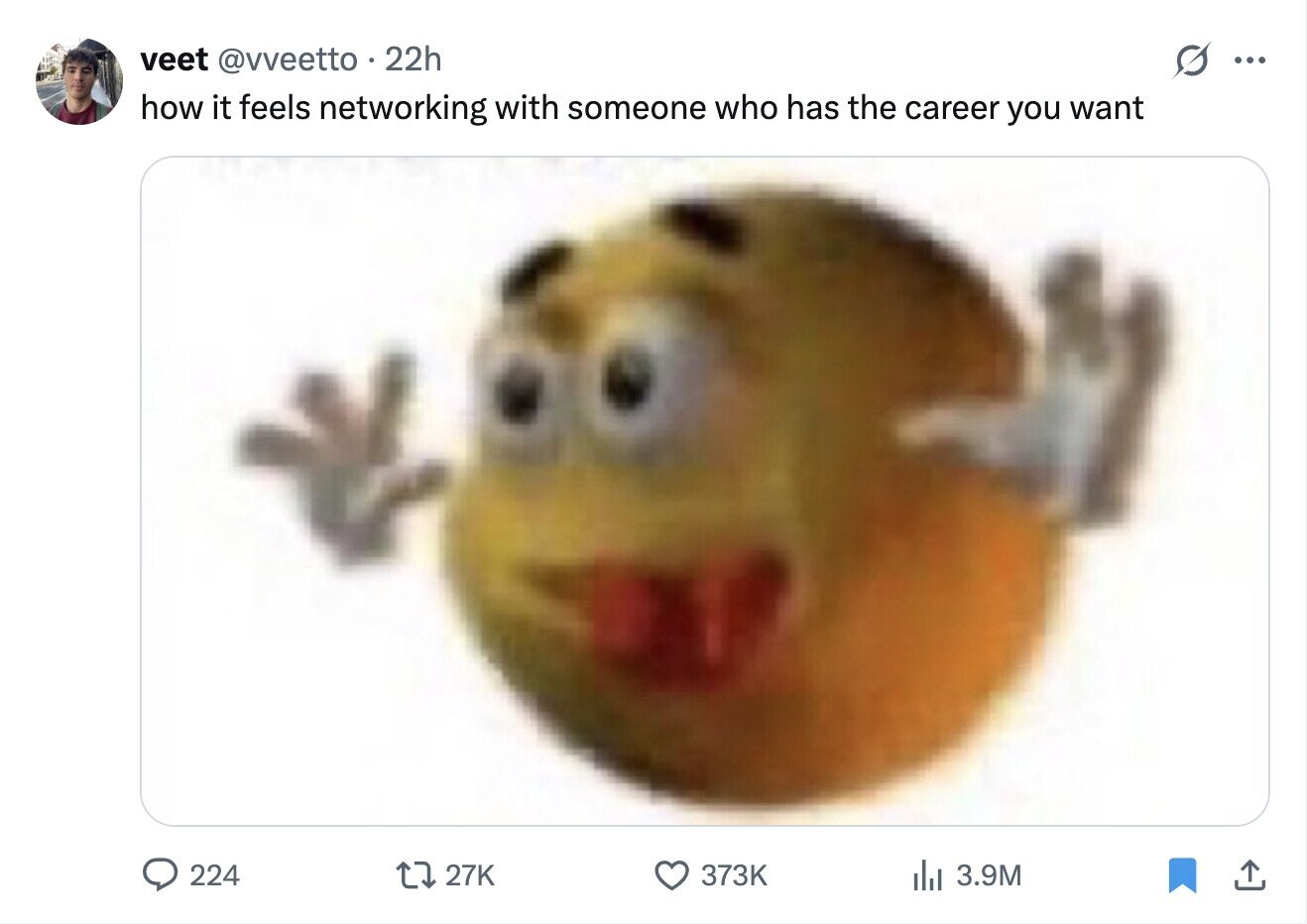 veet @vveetto .22h ... how it feels networking with someone who has the career you want 224 27K 373K del 3.9M