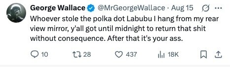 @MrGeorgeWallace Aug 15 George Wallace ... Whoever stole the polka dot Labubu I hang from my rear view mirror, y'all got until midnight to return that shit without consequence. After that it's your ass. 10 28 437 18K 