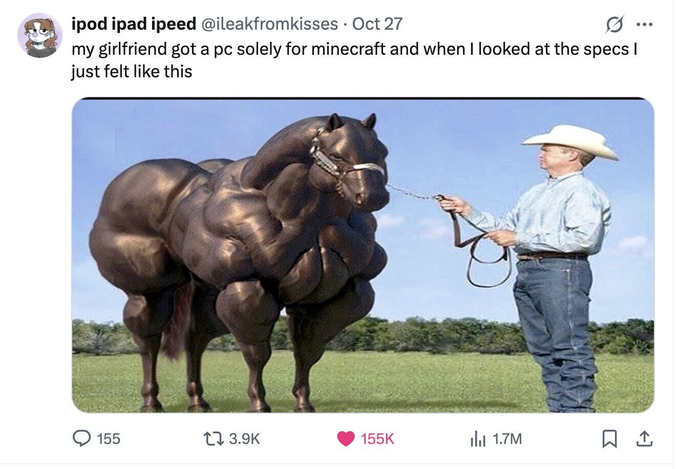 ipod ipad ipeed @ileakfromkisses Oct 27 ... my girlfriend got a pc solely for minecraft and when I looked at the specs I just felt like this 155 3.9K 155K del 1.7M