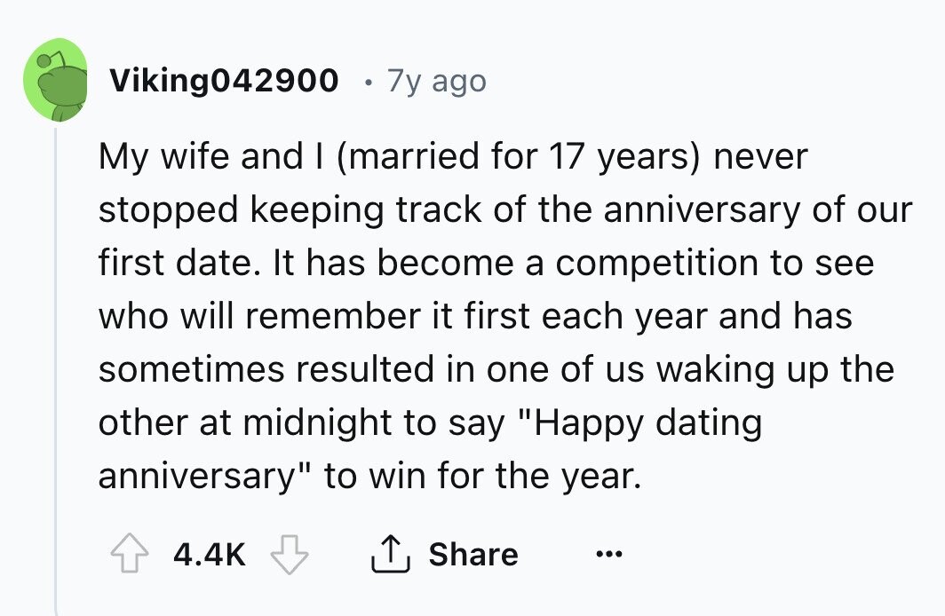 Viking042900 7y ago My wife and I (married for 17 years) never stopped keeping track of the anniversary of our first date. It has become a competition to see who will remember it first each year and has sometimes resulted in one of us waking up the other at midnight to say Happy dating anniversary to win for the year. Share 4.4K ...