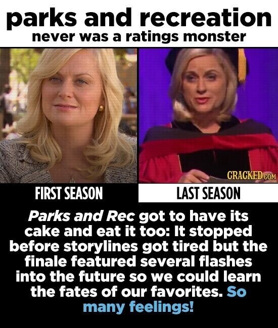 parks and recreation never was a ratings monster CRACKED.COM FIRST SEASON LAST SEASON Parks and Rec got to have its cake and eat it too: It stopped before storylines got tired but the finale featured several flashes into the future so we could learn the fates of our favorites. So many feelings!