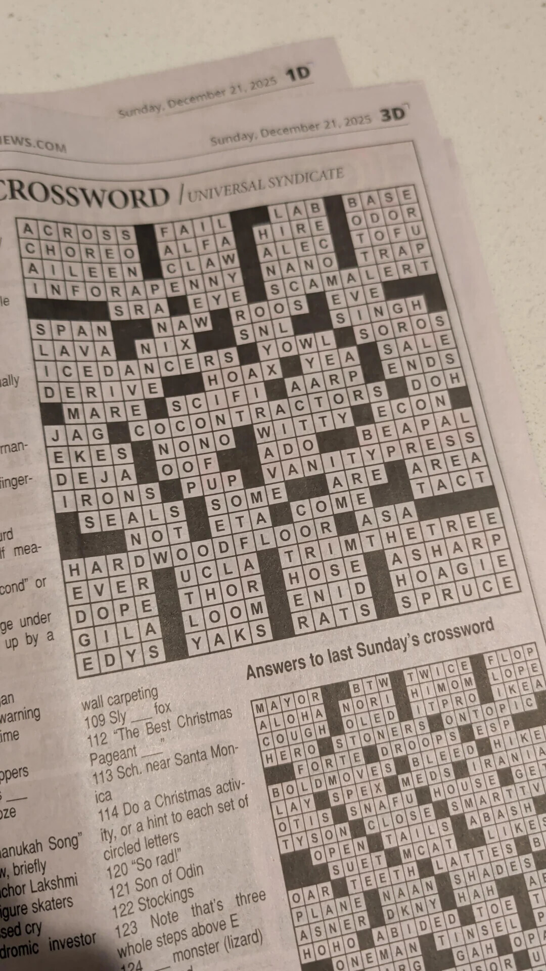 EWS.COM Sunday, December 21, 2025 1D CROSSWORD Sunday, December 21. 2025 3D A c RO S S / UNIVERSAL SYNDICATE CH O R E O F FAIL A L A в I в A S E L ALFA E H I R E I E O D O R N le N F C L A W O A L E C R T O F U A P E 1 N Y N A N O S PAN S R A T RAP E Y E S C A M A L E R T L A V A NAW R