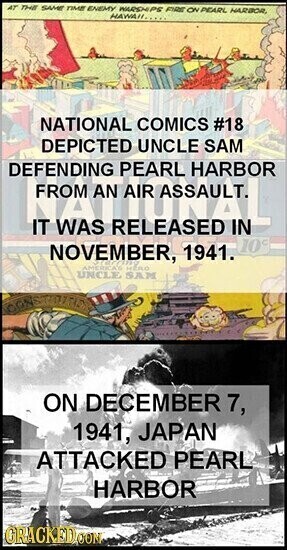 AT THE SAME TIME ENEMY WARSHIPS FIRE ON PEARL HARBOR, HAWAII.. NATIONAL COMICS #18 DEPICTED UNCLE SAM DEFENDING PEARL HARBOR NATIONAL IT RELEASED WAS IN 10° NOVEMBER, 1941. AMERICA'S HERO UNCLE SAM CONSTITUTE ON DECEMBER 7, 1941, JAPAN ATTACKED PEARL HARBOR GRACKED.COM
