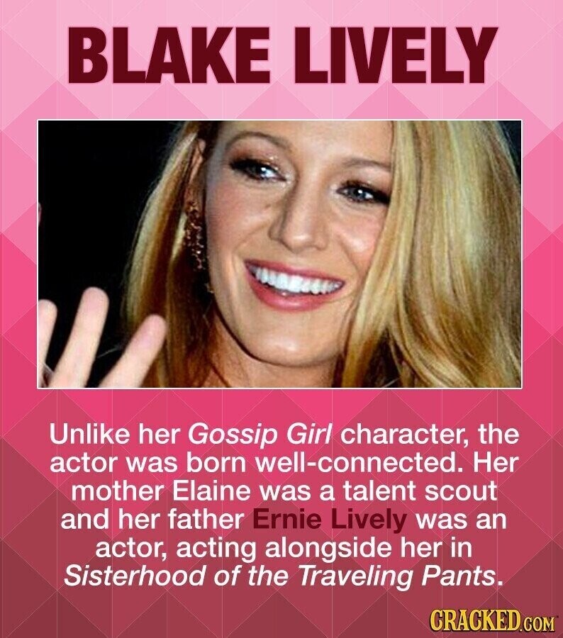 BLAKE LIVELY Unlike her Gossip Girl character, the actor was born well-connected. Her mother Elaine was a talent scout and her father Ernie Lively was an actor, acting alongside her in Sisterhood of the Traveling Pants. CRACKED.COM